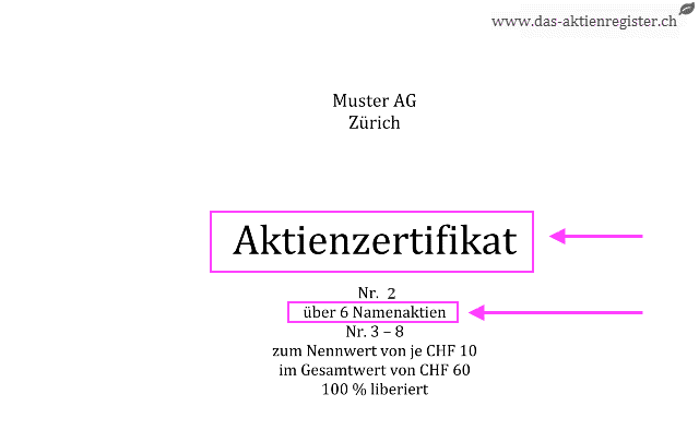 Aktienzertifikat über 6 Namenaktien