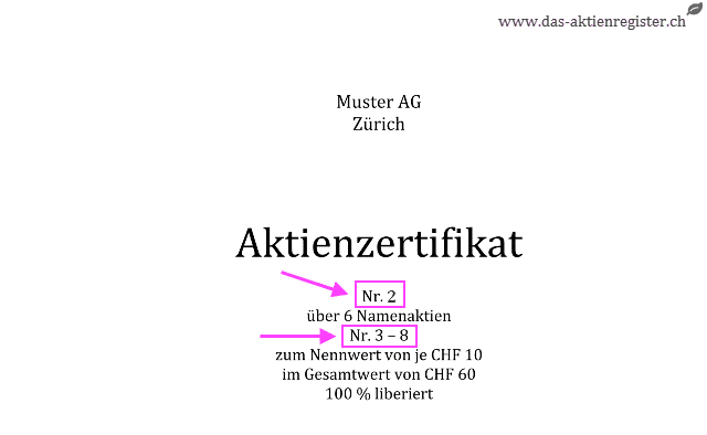 Aktienzertifikat Nr. 2 über 6 Namenaktien Nr. 3 - 8