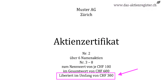 Aktienzertifikat, liberiert im Umfang von CHF 300