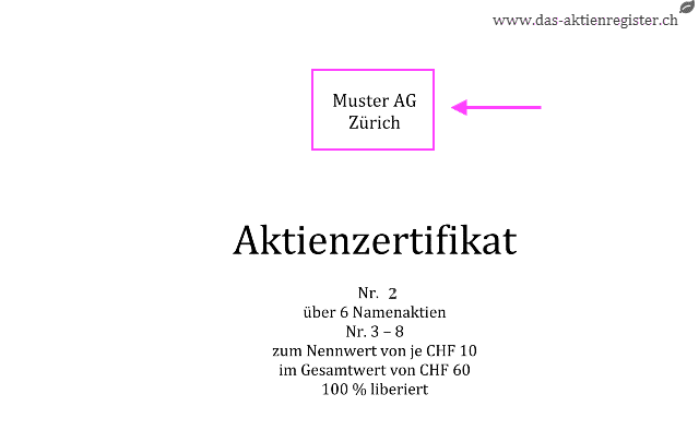 Aktienzertifikat, Firma und Sitz der Aktiengesellschaft