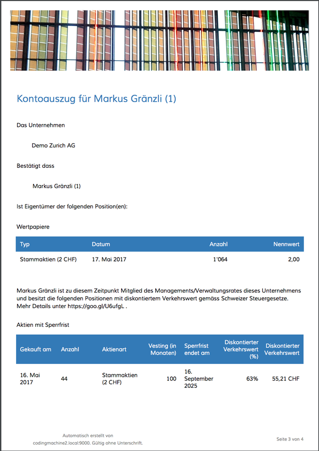 Steuerbescheinigung aus Online-Aktienbuch für Mitglied Verwaltungsrat mit diskontiertem Verkehrswert