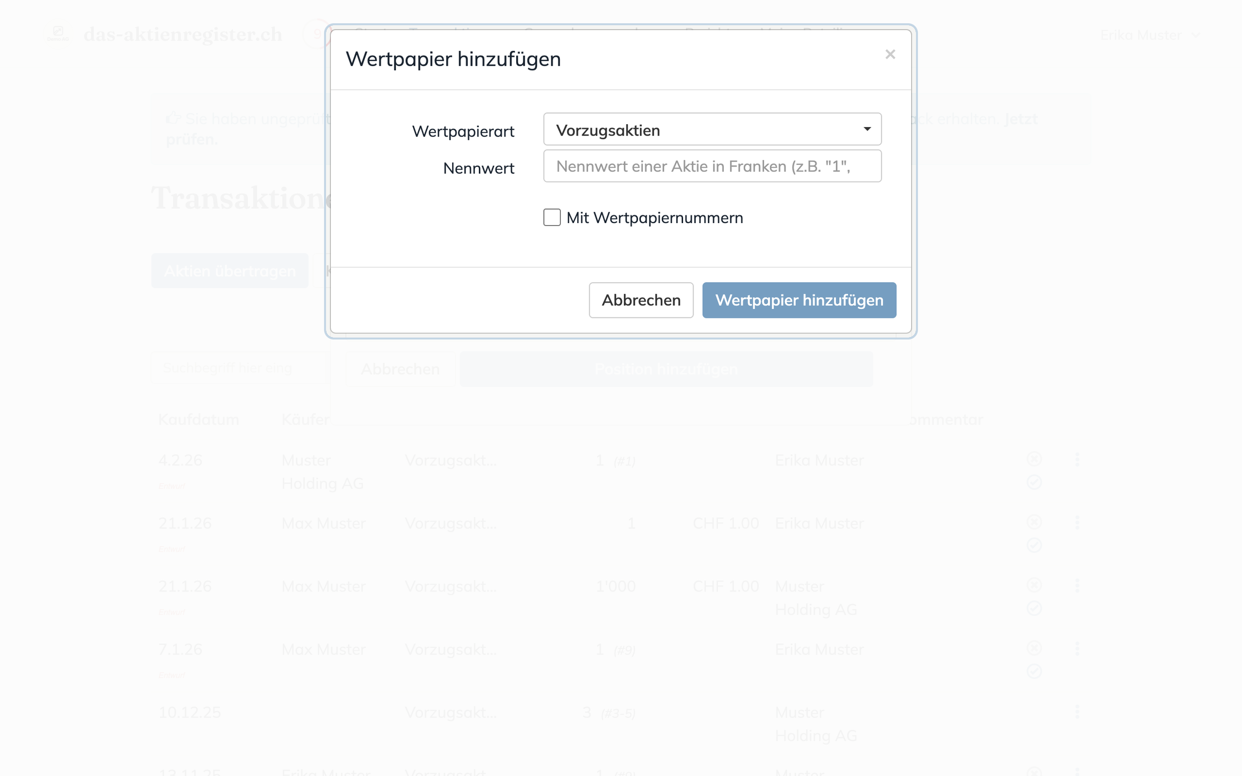 Wertpapier direkt im Formular hinzufügen