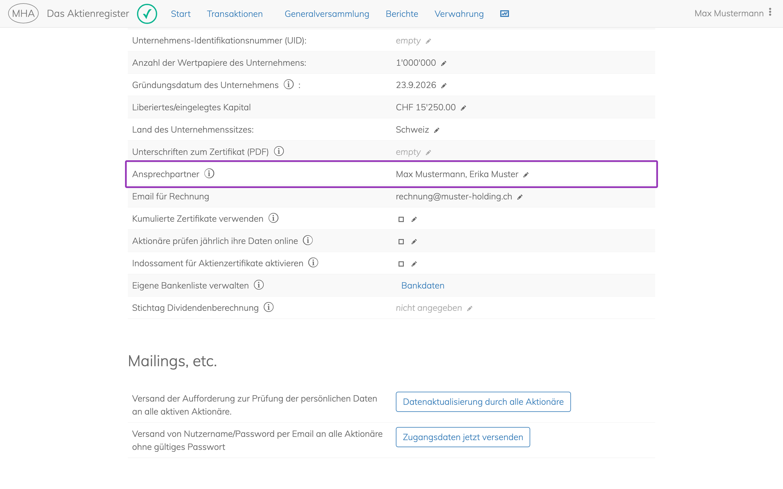 Feld Ansprechpartner in den Unternehmenseinstellungen