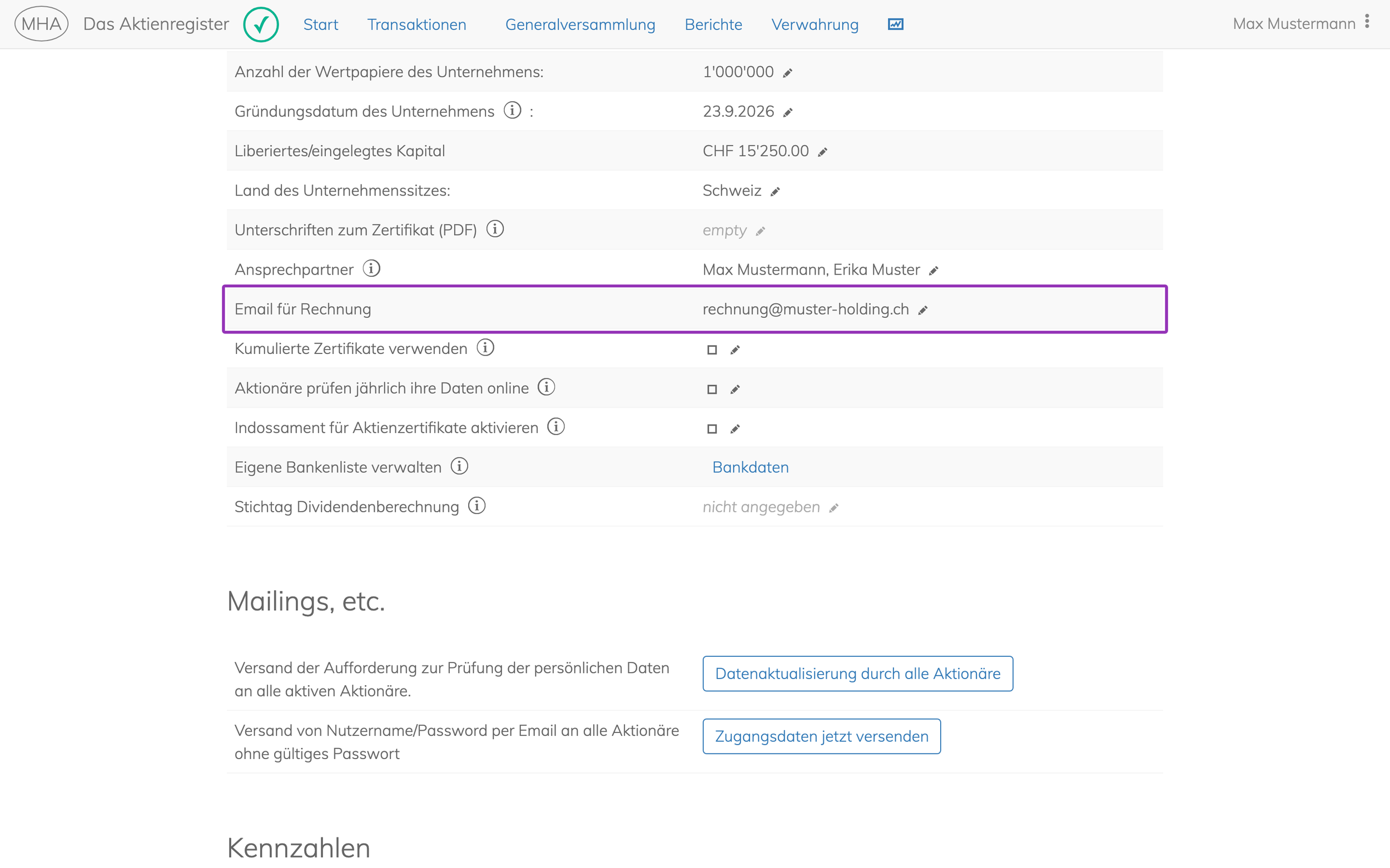 Feld Email für Rechnung in den Unternehmenseinstellungen