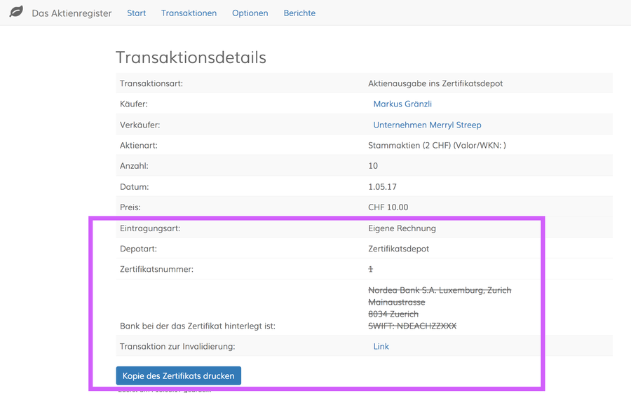 Aktienzertifikat nach Rückgabe