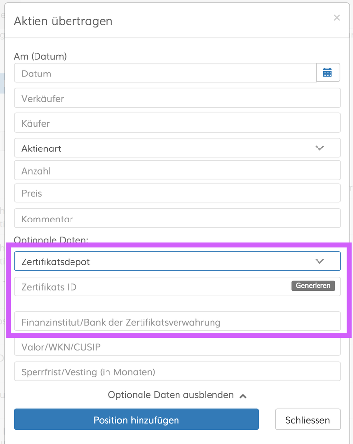 Eintragung Aktienzertifikat anlegen