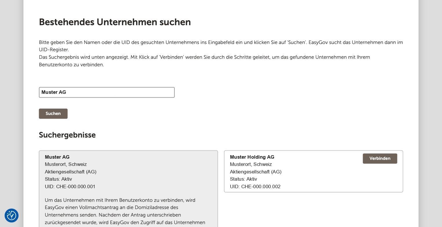 EasyGov: Unternehmen suchen und verbinden, Hinweis auf den Vollmachtsantrag an die Domiziladresse